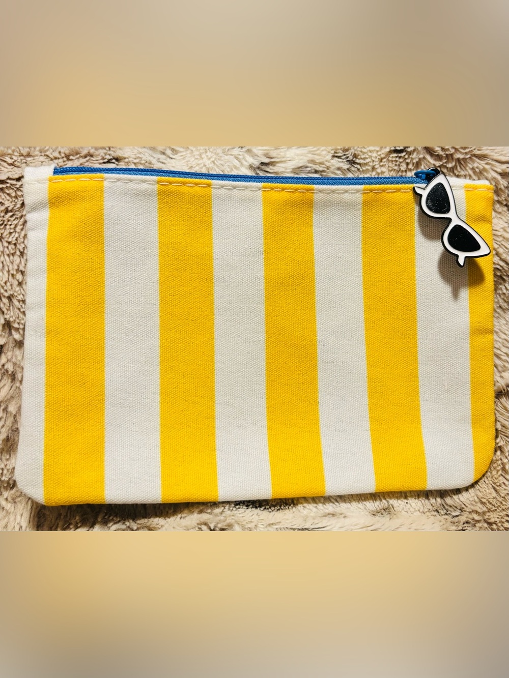 ipsy Yellow and White Striped Cosmetic Pouch with Sunglasses Charm